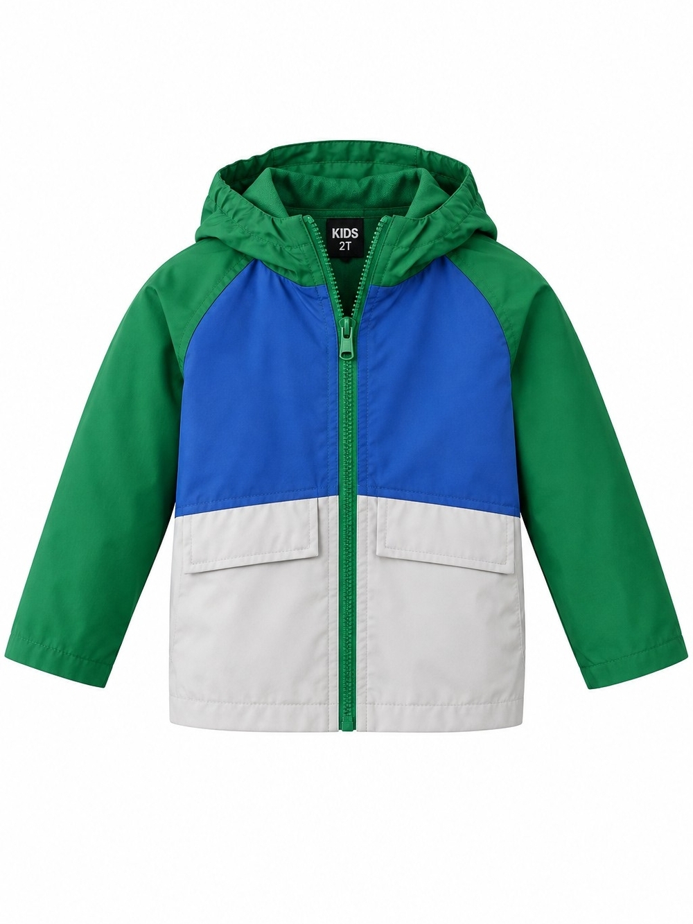 NWT New Lands End Kids 2T Green & Blue Colorblock Hooded Rain Slicker Jacket